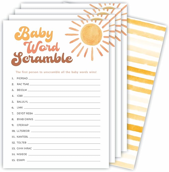 Baby Word Scramble Game Kits For Baby Shower - 30 Double-Sided Fill In Watercolor Sunshine Style Game Cards 1 Answer Card For Gender Reveal, Baby Announcement, Party Favor & Supplies - C09