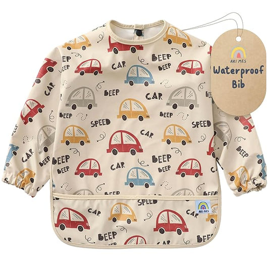 ARI MES Long Sleeves Waterproof Baby Bibs for Eating - Cars, Small - Wearable, Coverall for Toddler, Long Sleeve Bib, Smock Apron for Feeding - Applicable for 6-72 Months