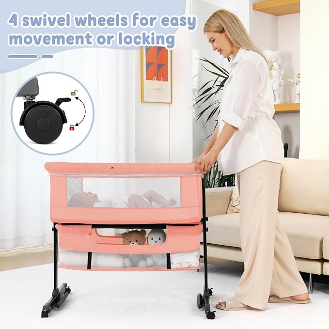 3 in 1 Bassinet Bedside Sleeper, Baby Bassinets Bedside Sleeper with Wheels, Breathable Mesh, Adjustable Height, Storage Basket, Easy Assemble & Folding (Pink)