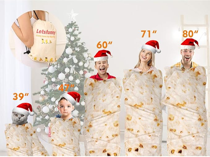 Burrito Tortilla Throw Blanket, 2.0 Double Sided Burritos Taco Tortilla Wrap Blankets for Adults Kids, Giant Funny Realistic Food Blankets, Soft Flannel Round Throw Blanket 80in