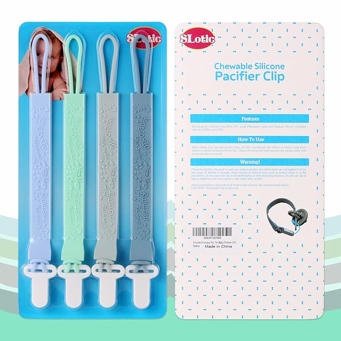 4-Pack Silicone Pacifier Clips with One-Piece Beads for Baby Boys and Girls - Flexible and Rust-Free Holders for Teething Relief and Baby Essentials, Safe for Newborns (Flat, Grey)