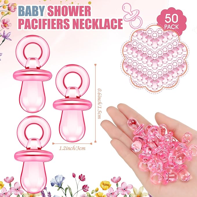 Thyle 51 Pcs Pacifier Hunt Baby Shower Games Include Hunt Sign and 50 Acrylic Pacifiers for Baby Shower Game Decoration Gift Sets Gender Reveal Party Decor(Wildflower)