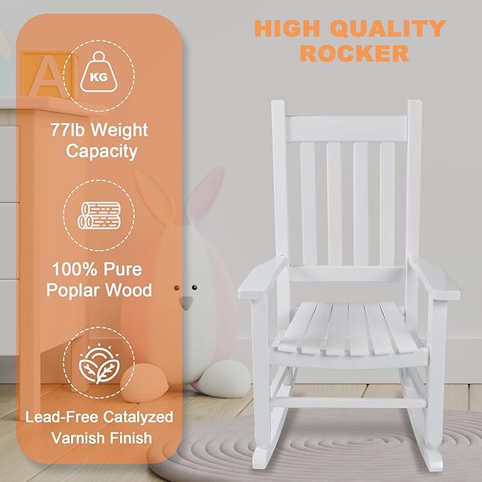 Kids Rocking Chair Set of 2 for Toddlers and Children Comfy Wooden Recliner Rocker for Baby Girls Outdoor Lounge Chair for Kids Age 6-10 Indoor White