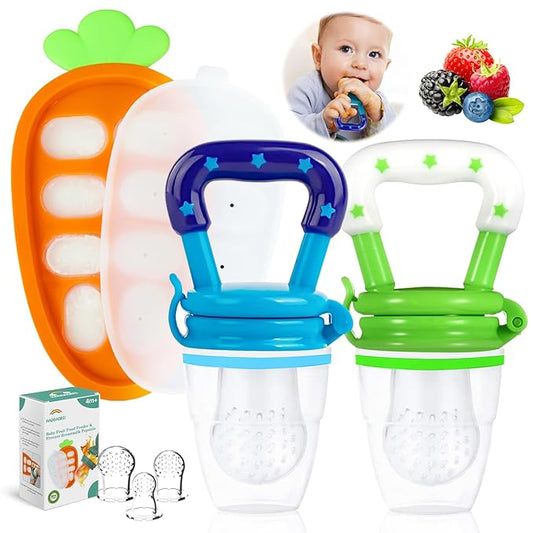 Baby Fruit Feeder with Freezer Tray – 3-Size Silicone Teether for 3-24 Months, BPA-Free, Leakproof Self-Feeder, Dishwasher Safe, Baby Weaning & Teething Snack Tool(Blue Green)