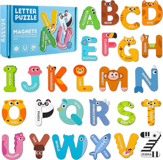 Large Size Magnetic Letters, 26 Cute Animal Alphabet Magnets, Easily Grip Uppercase for Toddlers Letter Recognition and Early Spelling, for Kids Toddlers 3-5 Preschool Spelling Learning