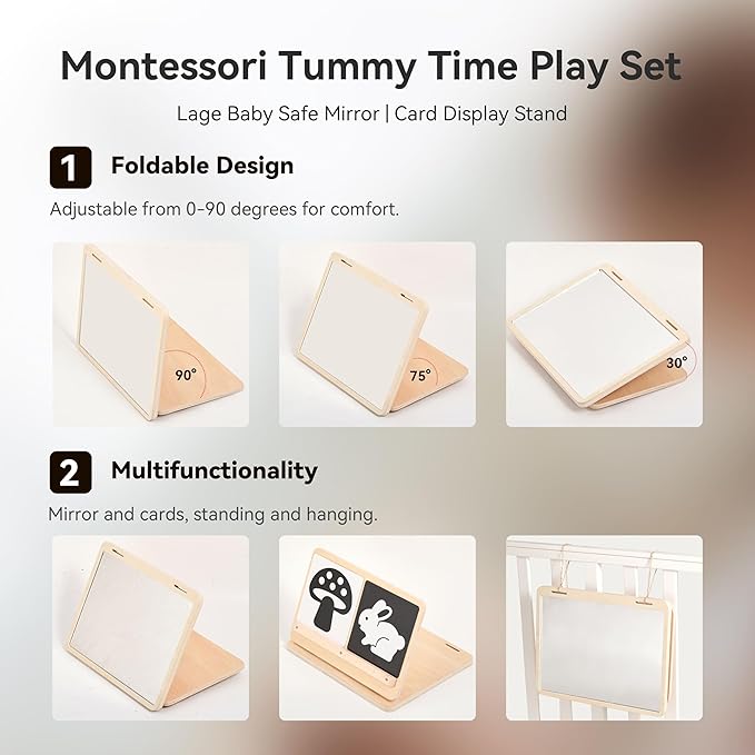 IEATFO Tummy Time Play Set Adjustable Angle, Double-Sided Design, Montessori Tummy Time Toys Large Baby Safe Mirror and Card Display Stand with Black and White High Contrast Baby Cards