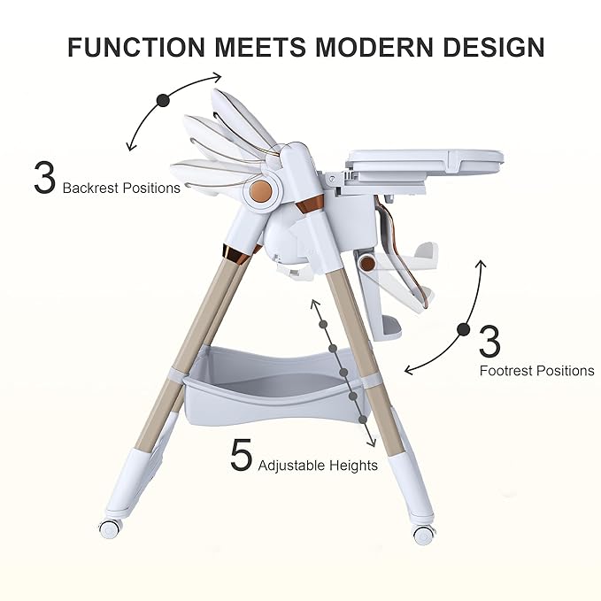 3-in-1 Foldable High Chair for Babies & Toddlers, Adjustable Height, Reclining Seat, Wheels with Safety Locks, Removable Tray, Space-Saving Multifunctional Baby Dining Chair (White)