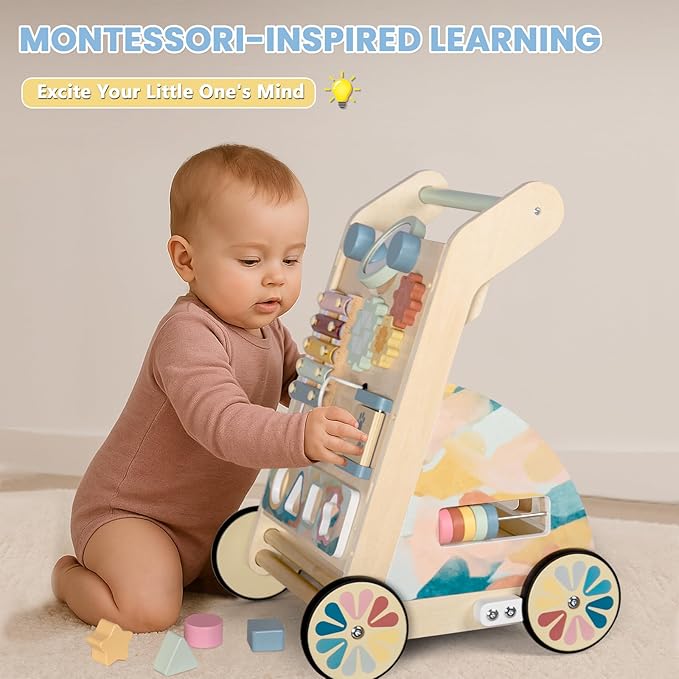 Wooden Baby Walker, Detachable Activity Busy Board, Baby Walking Toys Push Walkers for Babies 6-12 Months
