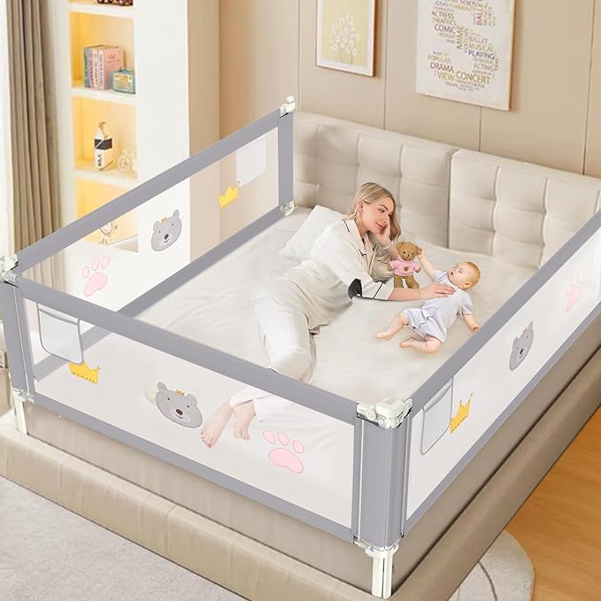 Height Adjustable Bed Rail for Toddlers, Kids Safety Baby Bed Rail for Twin/Full/King/Queen Size Bed (3 Sides, 74 * 74 * 54 Inch)