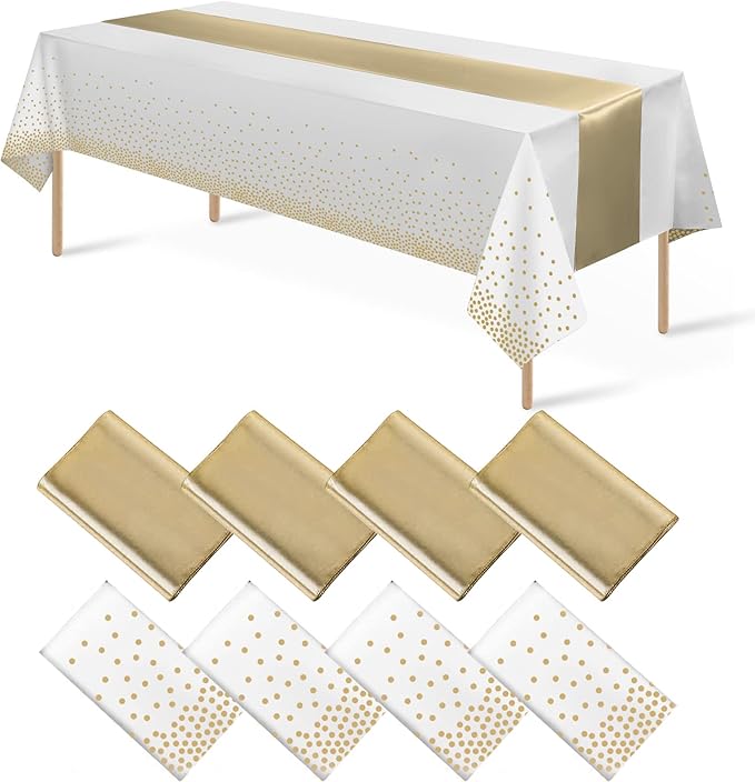 8Pack Disposable Plastic Tablecloths and Satin Table Runner Set White and Gold Dot Tablecloth Gold Satin Table Runner for Wedding Birthday Baby Shower Anniversary Christmas New Year Party Decorations