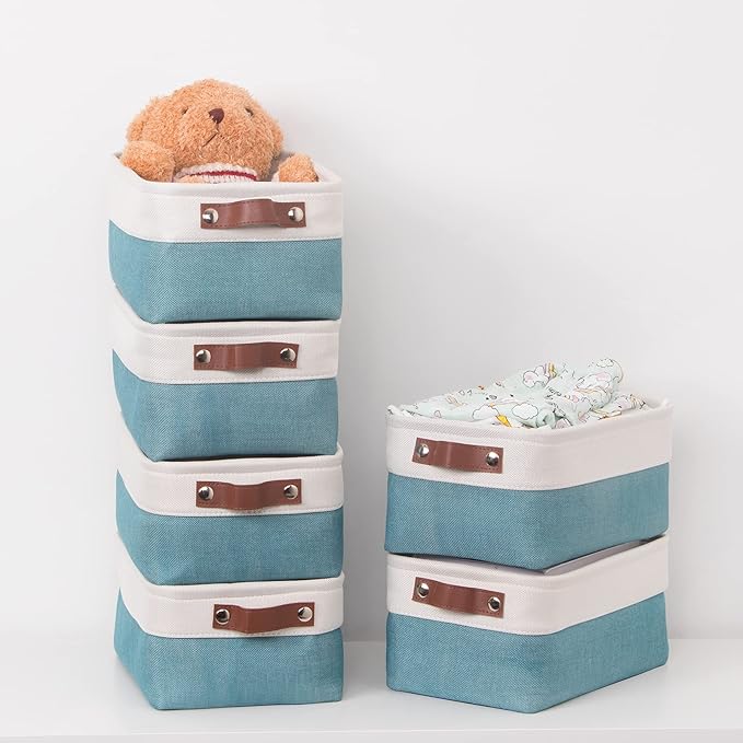 HNZIGE Storage Baskets Bins Set, (6 pack) Small Fabric Baskets for Shelves, Baskets for Gifts Empty with Handles for Organizing Shelf Nursery Home Closet Clothes room(White Teal, 11.8" x 7.8" x 5.1")