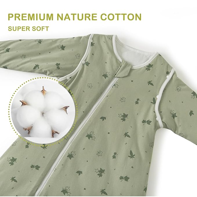 Super Soft Removable Long Sleeve 2.5 TOG Sleep Sack with Legs, 100% Cotton Winter Toddler Sleeping Sack with Feet, Maples, Size M