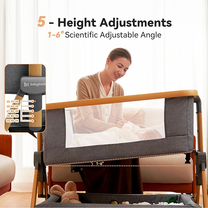Cozy2 Baby Bedside Bassinet Sleeper Portable Travel Bassinet with Bigger Wheels 3 in 1 Bassinet Crib with Mattress, Storage Basket 5 Height Adjustable Bedside Crib for Baby - Wood Grain
