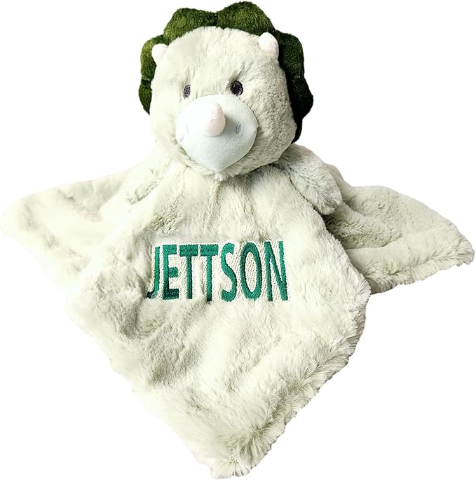 SONA G DESIGNS Custom Personalized Dinosaur Lovey Lovie Security Blanket with Rattle (Green Dino with Embroidered Name)