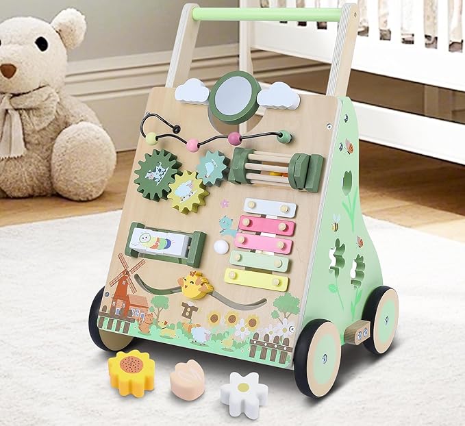 Wooden Baby Walker with Wheels, Toddler Push and Pull Walker Toys, Montessori Multiple Baby Activity Center Push Cart for Babies 6-12 Months 1 2 3 Years Old (Farm)