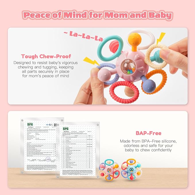 Baby Teething Toys for 0-6 6-12 Months, BPA Free Food Grade Silicone Teether, Infant Sensory Chew Rattles Toys, Gifts for Infant Newborn Boys Girls 0 3 6 9 12 18 Months, Pink