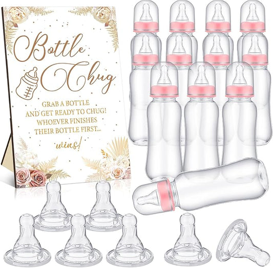 TrelaCo Cool Baby Shower Games Wooden Bottle Chug Sign Boho Theme Gift Sets and 12 Pcs Baby Bottle Shower Favor for Pampas Games Gender Reveal (Boho Pampas)