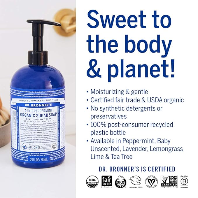 Dr. Bronner's Organic Sugar Soap (Peppermint, 64 Ounce)- Made with Organic Oils, Sugar & Shikakai Powder, 4-in-1 Uses: Hand and Body Wash, Face, Hair- Cleanses, Moisturizes, Nourishes, Vegan
