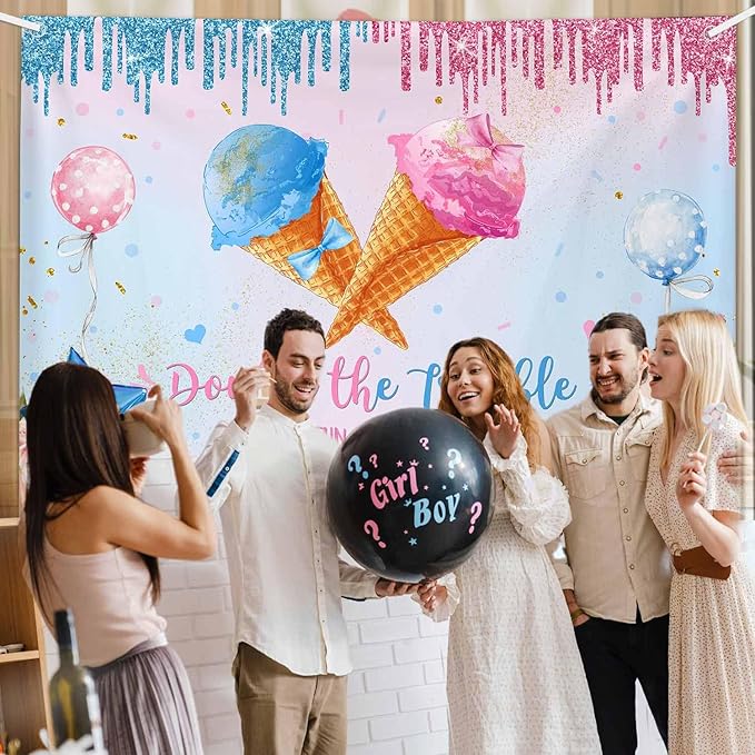 MEHOFOND 7x5ft Ice Cream Twins Baby Shower Banner Decroations, Double The Trouble Twice The Fun We are Having Two Not One Backdrop, Blue Pink Gender Reveal Party Decor Floral Gender Reveal Supplies