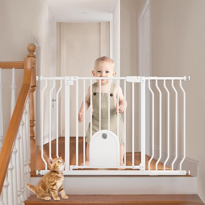 Baby Gate with Cat Door for Stairs - Baby Gate with Pet Door Auto Close 29.5"-48.5" Safety Metal Dog Gate for Door Ways/Stairs/House/Walk Through with Includes 2 Extension Pieces and 4 Wall Cups