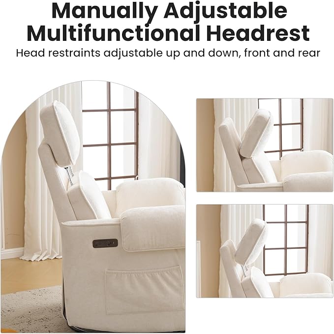 Oversized Power Recliner Chair Swivel Glider with Adjustable Headrest, Swivel Rocking Recliner Chair for Adults, 26" Extra Wide Glider Nursery Chair with Overstuffed Armrest, USB Ports, Cream