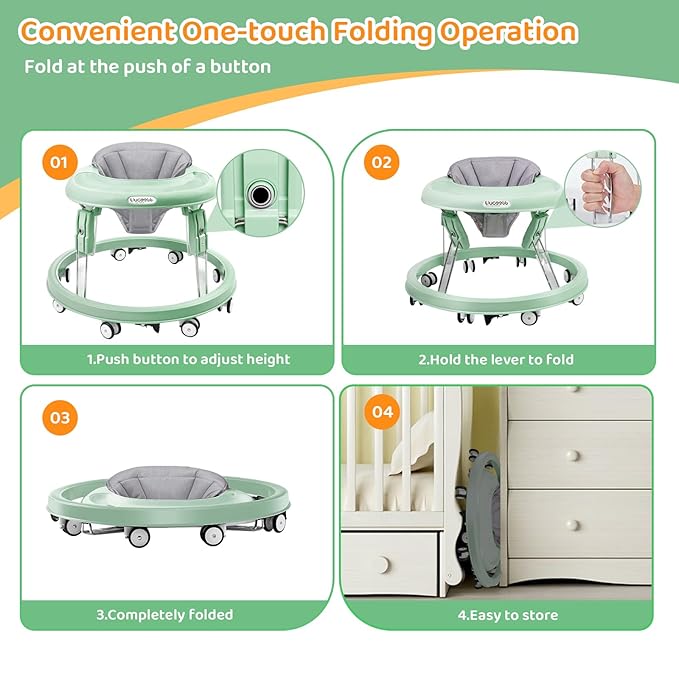 Baby Walker with Wheels, One-Touch Folding Baby Walkers, 7-Speed Height Adjustment with Large Dinner Plate, Anti-Roll 8-Wheel with Brake for 6-18 Months Baby (Green)