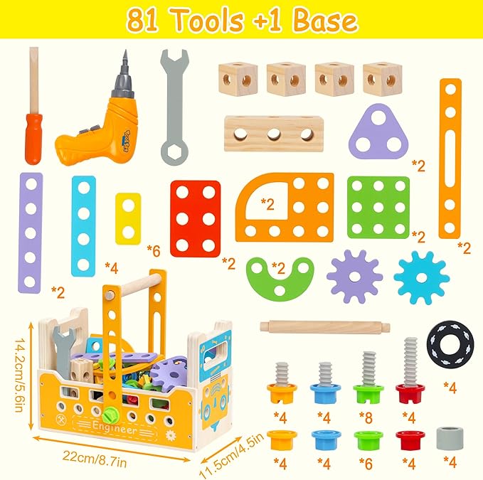 Wooden Kids Tool Set with Electric Screwdrivers, 91PCS Educational STEM Construction Toys, Wooden Tool Bench Montessori Toy Tool Box for 3 4 5 YO Boys & Girls Birthday Gift (91Pcs)