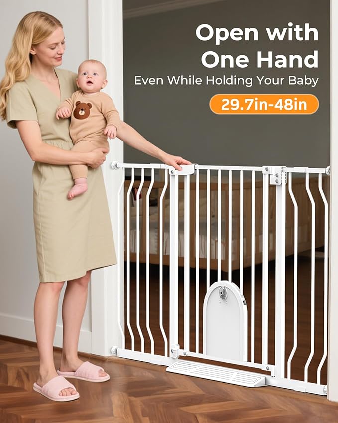 30"- 48" Extra Wide Baby Gate with Cat Door, [30.5" Tall] [No-Drill Pressure Mount] [Includes 2 Extensions] Pet & Toddler Safety Gate for Kitchens, Stairs, and Doorways
