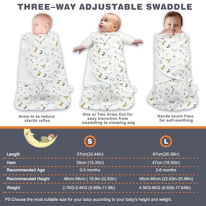 Swaddle-Blanket Baby Girl & Boy Swaddles Newborn Infant Transition 100% Cotton Wrap Blankets, 3-Way Adjustable Wearable Blanket, TOG 1.0 (Dinosaur, Small, 0-3 Month)