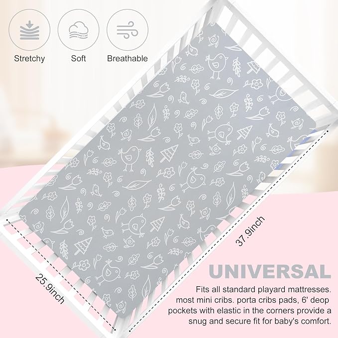 Pack n Play Flat Sheet 2 Piece Mini Crib Sheet Elastic Playard Sheet Set Portable Sheet Set Elastic Convertible Playmat Compatible Graco Pack n Play (Owl and Tree Bag) (Bear and Bird)