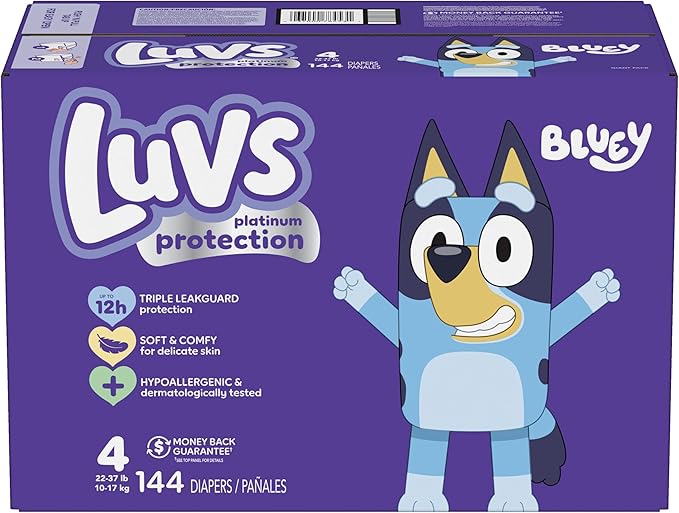 Luvs Size 4 Baby Diapers, Platinum Protection Bluey Diapers for Day & Night, Size 4, 144 Count (Packaging May Vary)