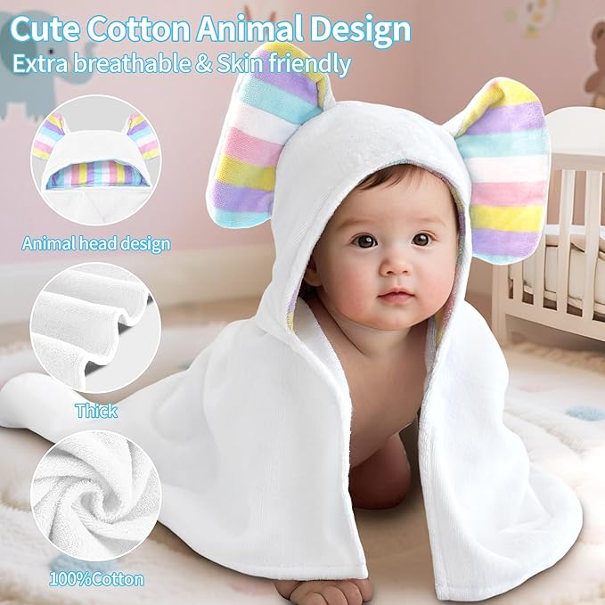 VOOVA & MOVAS Baby Hooded Bath Towel - 100% Cotton, 33x23.5 Inches,0-3Years, Super Absorbent Large Towel with Cute Elephant Ears Hood for Newborn, Baby, Toddler,White