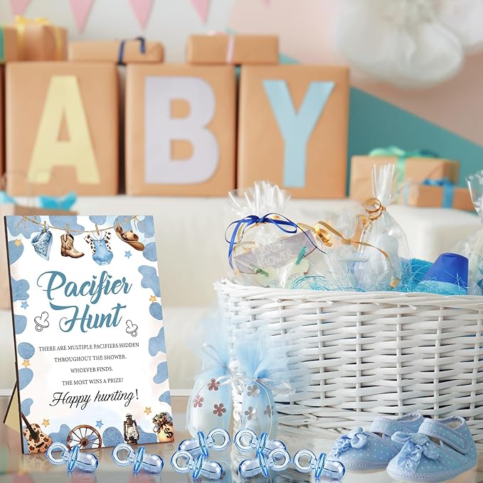 Thyle 51 Pcs Pacifier Hunt Baby Shower Games Include Hunt Sign and 50 Acrylic Pacifiers for Baby Shower Game Decoration Gift Sets Gender Reveal Party Decor(Cowboy)
