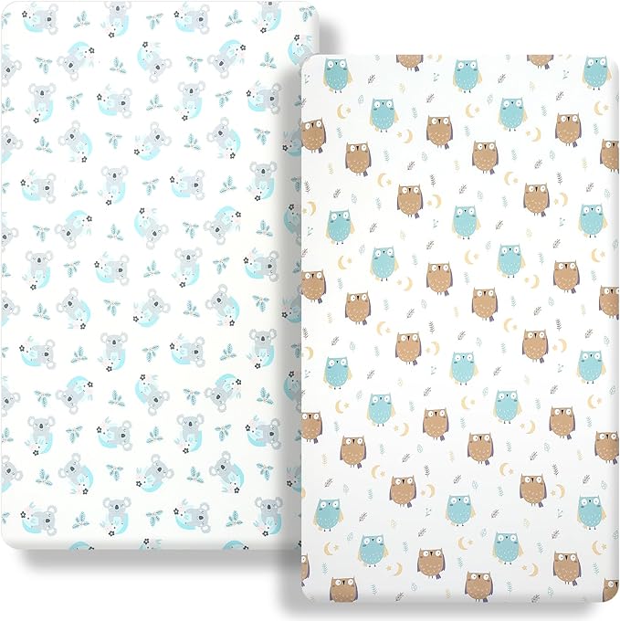 Pack n Play Fitted Sheet. 2 Piece Mini Crib Sheet Set Elastic Playard Sheet Set Portable Sheet Set Elastic Convertible Playmat Compatible with Graco Pack n Play. (Owl and Tree Bag) (Cartoon)