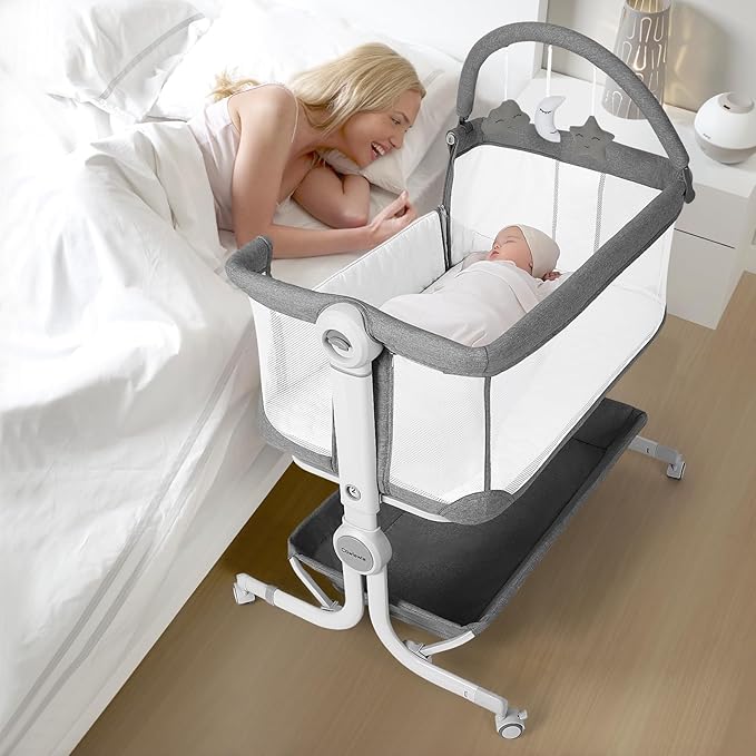 Cowiewie Baby Bassinet 2-1 Beside Sleeper with Wheels & Hanging Toys for Baby Foldable Adjustable Height Portable Bassinets (GREY)