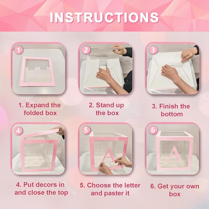 Ledido Transparent Balloon Boxes With 78 Letters, Pink Baby Boxes with Letters for Baby Shower Clear Letter Boxes for Party Wedding Birthday Baby Shower Decorations 6 PCS