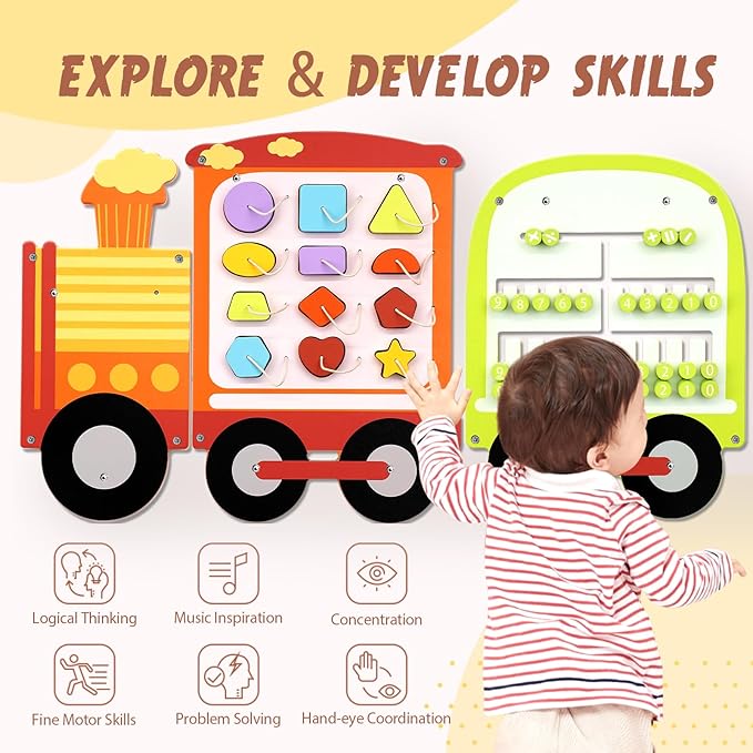 Joyreal Wooden Busy Board Train Activity Wall Panels - Montessori Sensory Wall Toys for Toddlers - Learning Activity Center for Playroom & Daycare Decor - Educational Toy Gift for Boys and Girls 18 M+