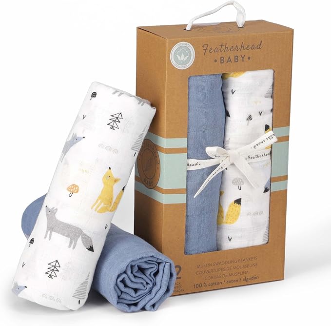 Featherhead™ 100% Cotton Muslin Swaddle Blankets for Baby Boy - Large 47”x 47” - Pre-Washed, Soft, & Breathable - Newborn Essential & Perfect Baby Registry Gift (2 Pack - Blue Foxes)