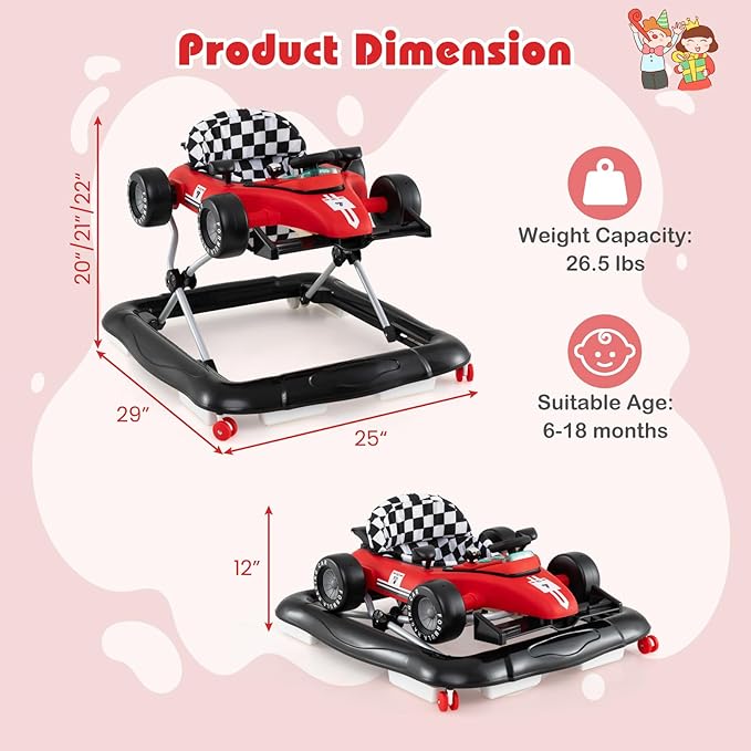 BABY JOY 4-in-1 Baby Walker, Foldable Activity Walker with Push Mode, Adjustable Height, Lights, Anti-Rollover, Baby Walker with Wheels for Boys Girls 6-18 Months (Red)