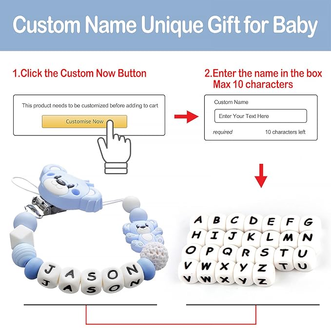 Personalized Pacifier Clip with Name for Baby, Customized Pacifier Clip Fits All Pacifiers, Baby Birthday Gift for Boys and Girls, Bear (Blue)