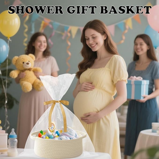 Gift Basket with Gift Bag and Ribbons,Small Rope Woven Shelf Storage,Baskets for Gifts Empty,Birthday,Shower,Decorative Organizer Box for Cat Dog Pet with Handles(Cream)
