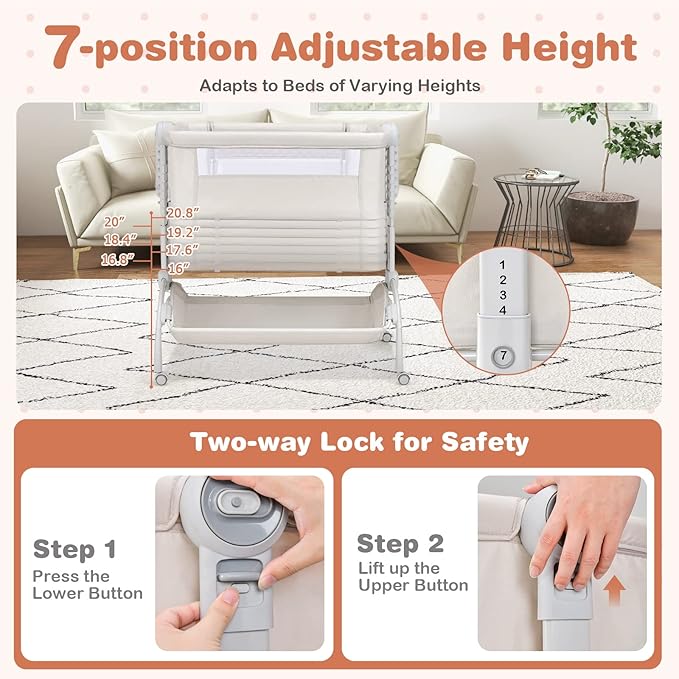 BABY JOY Baby Bassinet, 3-in-1 Rocking Bassinet w/Storage Basket, Double-Lock Design, 7 Adjustable Heights, Soft Mattress & Portable Travel Bag, Bassinet Bedside Sleeper for Newborns Infants (Beige)