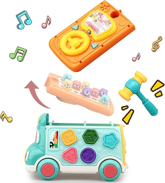 Music Activity Bus Baby Toy, Infant Education Learn Car, Sound & Light, Interactive Game, Shape Sorter, Animal Matching, Holiday Birthday Present for Toddler Kid Boy Girl 3 4 5 6 7 Years (Blue)