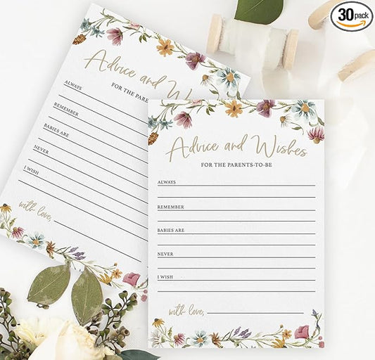 Printed Party Advice & Wishes for The New Parents – Baby Shower Advice Cards, Wishes for Mommy & Daddy, Gender Reveal Boy or Girl, Wildflower Garden Theme, 30 Cards