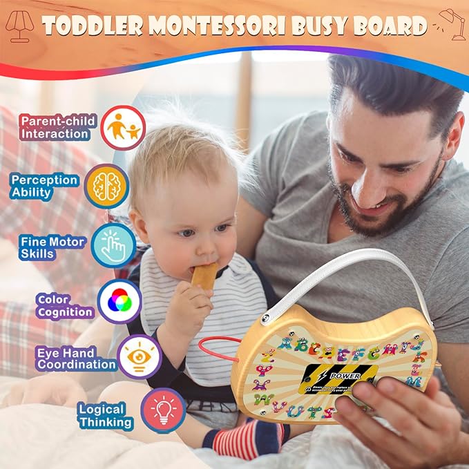 Montessori Wooden Busy Board for Toddlers with LED Light Lights & Switches,Portable Activity Board for Car & Airplane Travel Toys, Christmas & Birthday Gift for 1-3 Year Old Boys & Girls