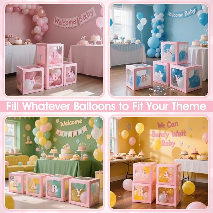 Ledido Baby Boxes with Letters for Baby Shower Decorations, 4 pcs Clear Baby Balloon Boxes Blocks for Baby Shower Decor with Letters for Boy Girl Gender Reveal Decorations Backdrop Party (Pink)