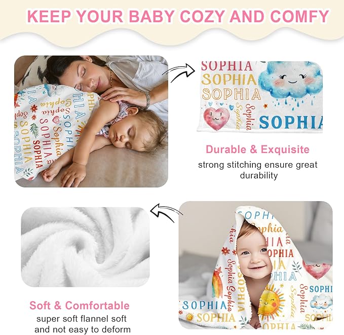 Ship Next Day, Personalized Baby Blanket for Boys Girls - Printed in USA, Custom Baby Blanket with Name Super Soft Plush Flannel, Easter Christmas Brithday Gifts for Baby Shower Kids Toddlers Newborn