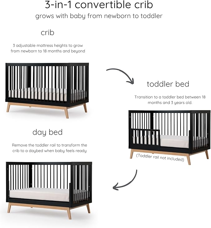 dadada Baby Soho 3 in 1 Convertible Wooden Crib to Toddler Bed - Made in Italy, GREENGUARD Gold Certified, Baby-Safe Finish, Sustainable Beech Wood, Modern Design, 3 Adjustable Heights (Black/Natural)
