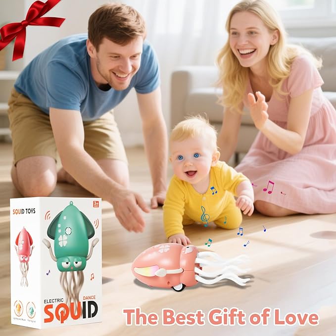 Dancing Octopus Baby Girl Toys, Pink Electric Crawling Squid Infant Tummy Time Toy with Light & Music, Interactive Sensory Toy for Toddlers & Kids (Ages 0-6+), Birthday Gift for 6 12 18 24 36+ Months