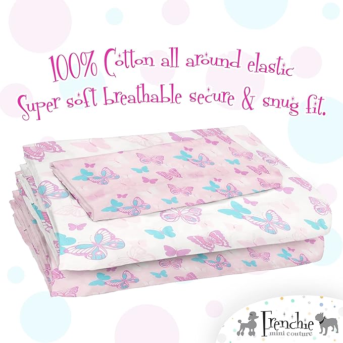 3-Piece Kids Twin Sheets Bedding Set, 100% Woven Cotton, Includes Deep Pocket Bed Sheet (39 x 75 x 15in) + Flat Sheet (66 x 96in) + Pillowcase (20 x 30in) Butterfly